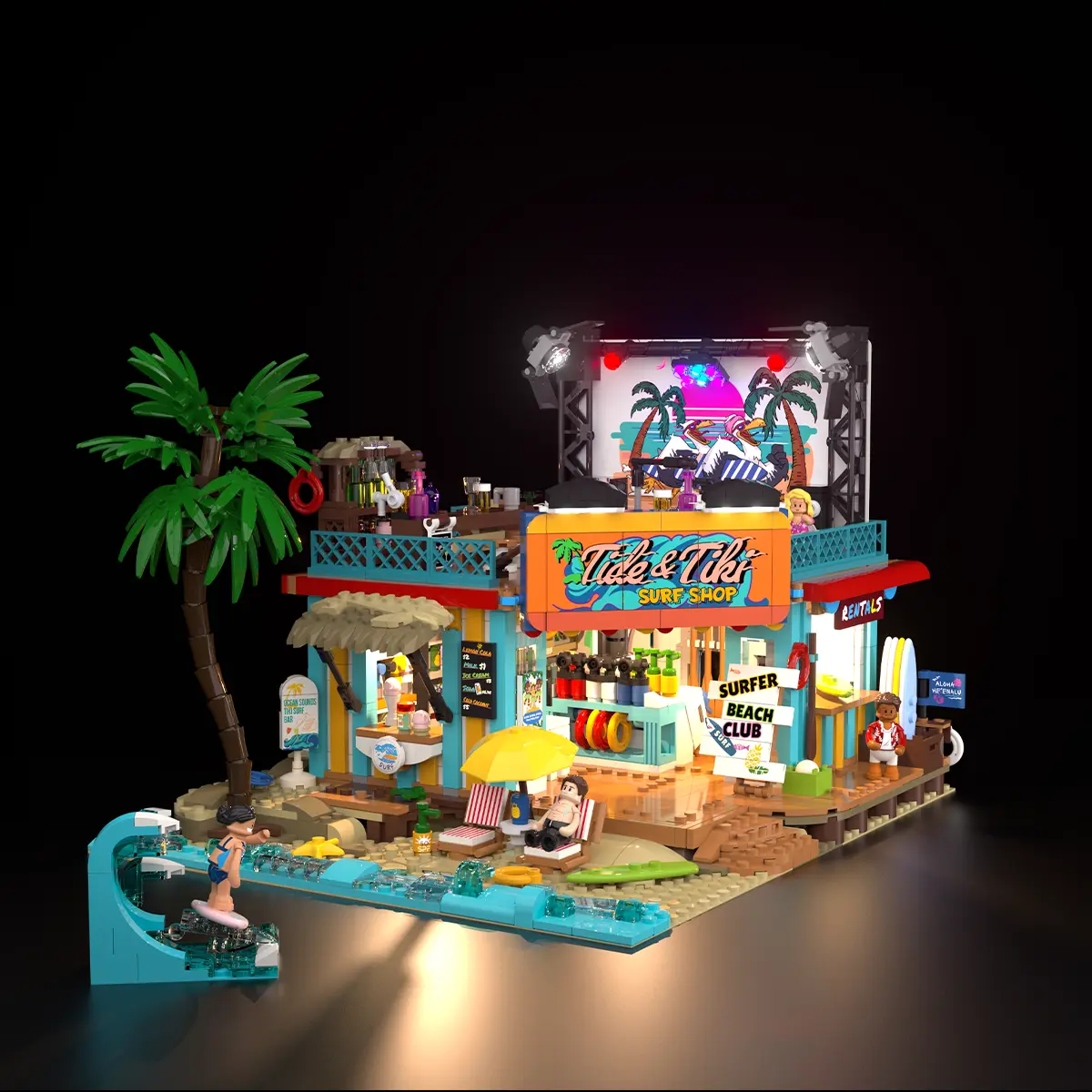 Lumibricks Surf Shop 20004 with its blue shopfront, rooftop bar and music stage