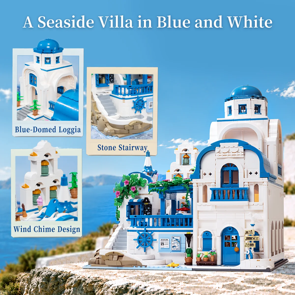 Pantasy Aegean Villa 85064 blue-domed loggia, stone stairway and hanging bells