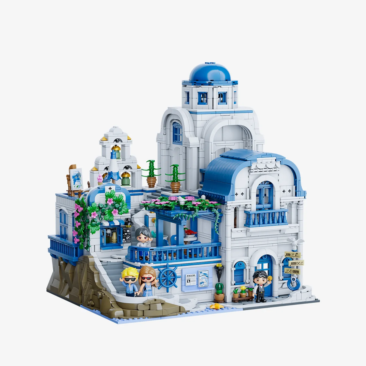 Pantasy Aegean Villa 85064 with white walls, blue dome, terraces and four figures