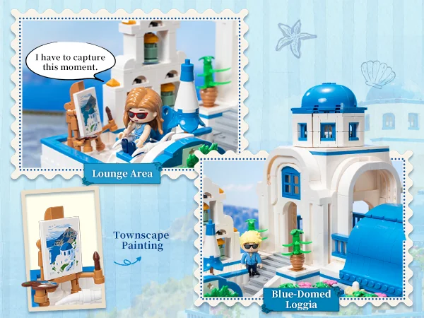 Pantasy Aegean Villa rooftop lounge, townscape painting and blue-domed loggia