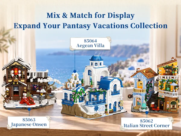 Pantasy Aegean Villa 85064 displayed with Japanese Onsen 85063 and Italian Street Corner 85062