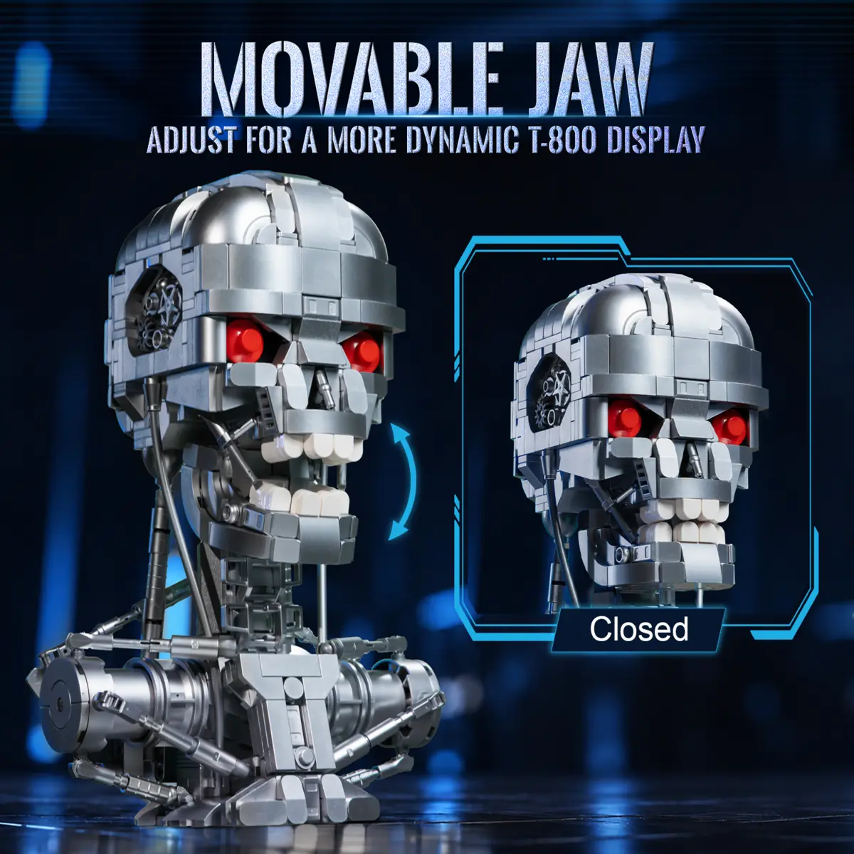 Pantasy T-800 Bust 87502 with its jaw open and closed